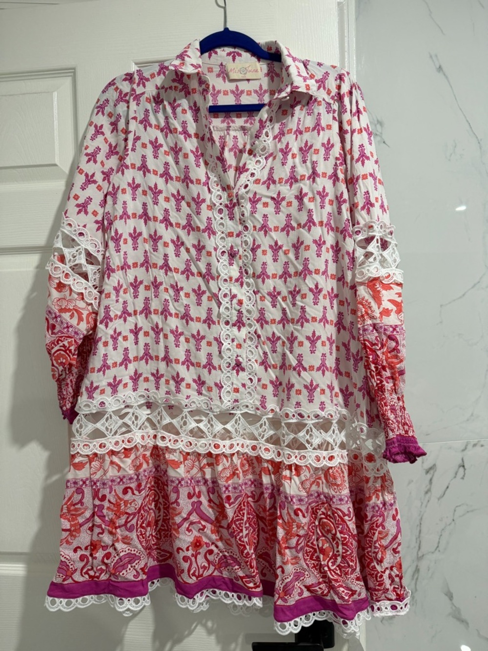 Miss June Paris Boho Lace-Trim Pink & Coral Mini Dress OS